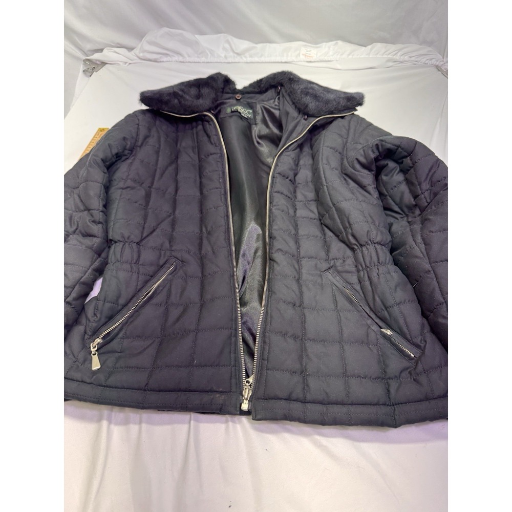 black puffer coat fur trim jacket Gothic Quilted Size M Hooded Full Zip Lined‎